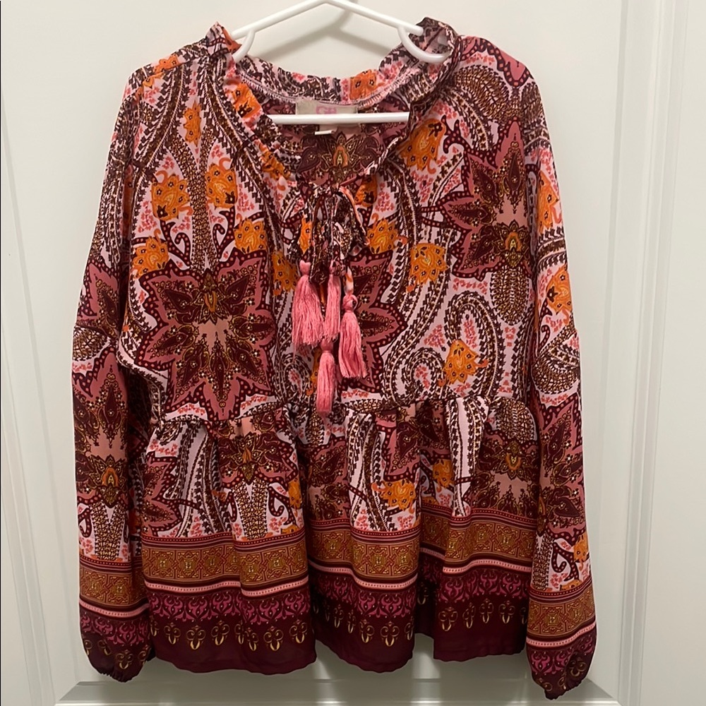 GB Girls Bohemian Tie Front Blouse w/ Mandarin Collar Size Small